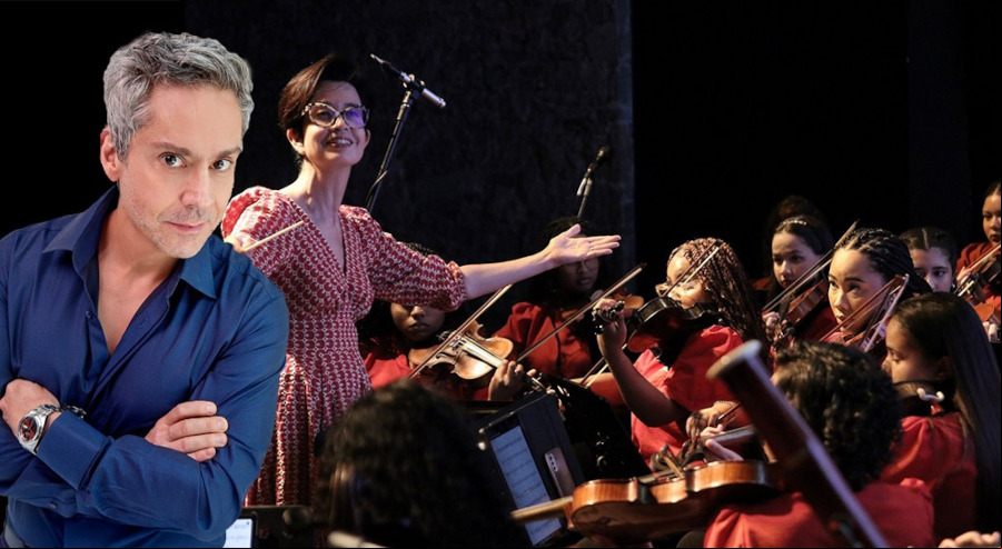 Alexandre Nero, Priscila Bomfim e a Orquestra Sinfônica Juvenil Chiquinha Gonzaga [Divulgação]
